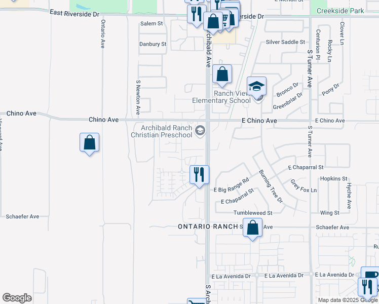 map of restaurants, bars, coffee shops, grocery stores, and more near 2626 East Towhee Street in Ontario