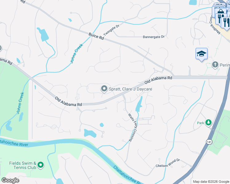 map of restaurants, bars, coffee shops, grocery stores, and more near 9390 Knollcrest Boulevard in Alpharetta