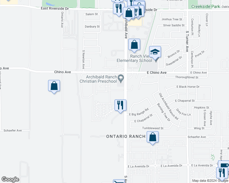 map of restaurants, bars, coffee shops, grocery stores, and more near 2626 East Towhee Street in Ontario