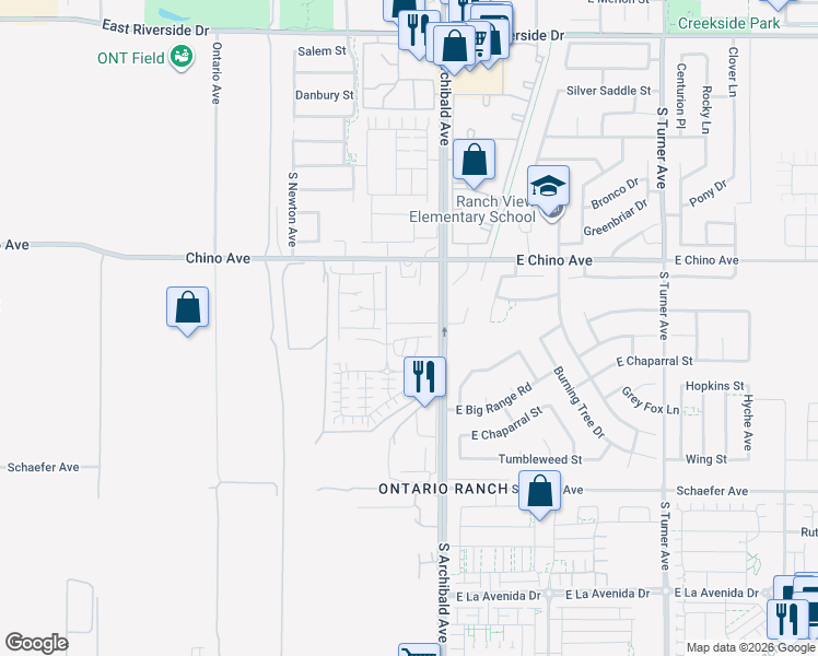 map of restaurants, bars, coffee shops, grocery stores, and more near 2634 East Towhee Street in Ontario