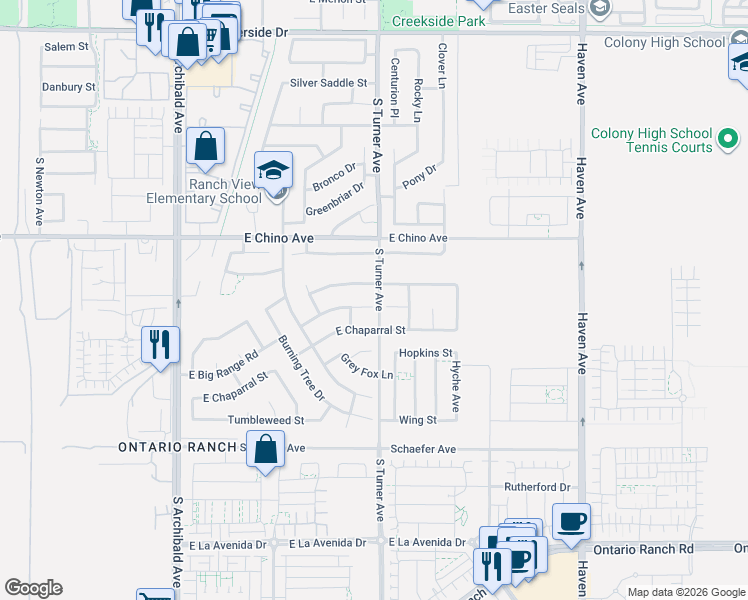 map of restaurants, bars, coffee shops, grocery stores, and more near 2981 East Big Range Road in Ontario