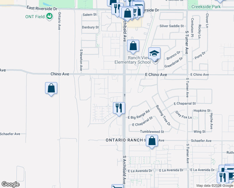 map of restaurants, bars, coffee shops, grocery stores, and more near 2730 Arabian Place in Ontario
