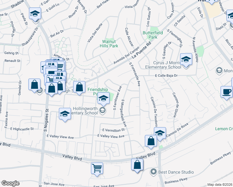 map of restaurants, bars, coffee shops, grocery stores, and more near 3032 East Quinnell Drive in West Covina