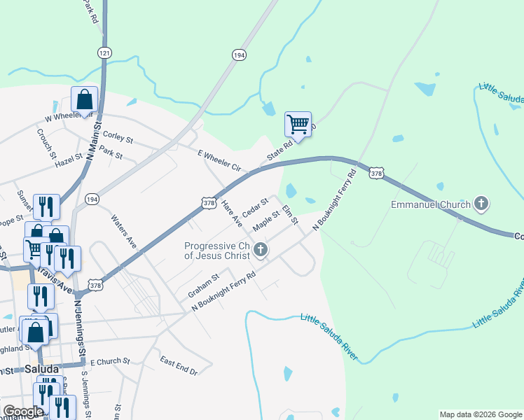 map of restaurants, bars, coffee shops, grocery stores, and more near 106 Cedar Street in Saluda