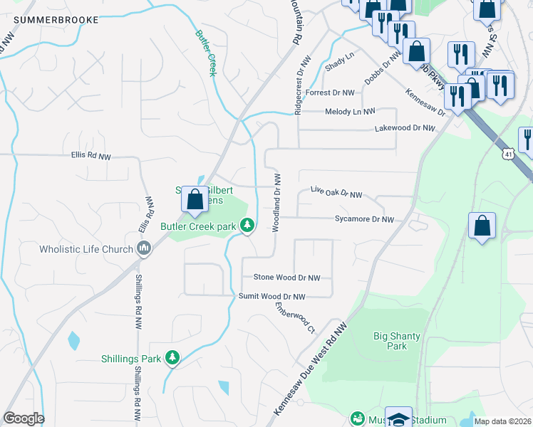 map of restaurants, bars, coffee shops, grocery stores, and more near 6000 White Oak Court Northwest in Kennesaw