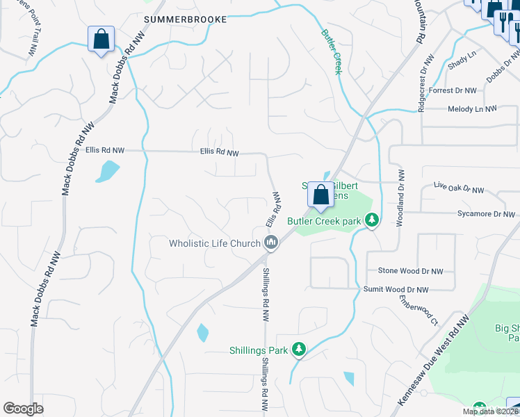 map of restaurants, bars, coffee shops, grocery stores, and more near 2899 Wickford Drive Northwest in Kennesaw