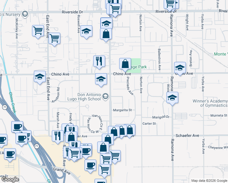 map of restaurants, bars, coffee shops, grocery stores, and more near 4115 Bernardo Court in Chino