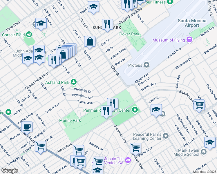 map of restaurants, bars, coffee shops, grocery stores, and more near 3118 21st Street in Santa Monica