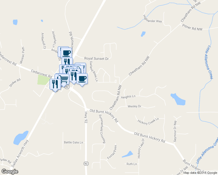 map of restaurants, bars, coffee shops, grocery stores, and more near 94 Saybrooke Crossing in Acworth