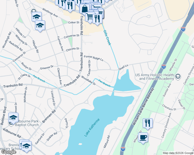 map of restaurants, bars, coffee shops, grocery stores, and more near 4810 Portobello Road in Columbia