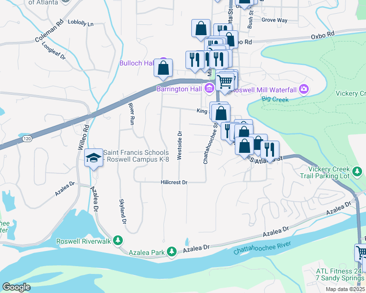 map of restaurants, bars, coffee shops, grocery stores, and more near 407 Westside Drive in Roswell