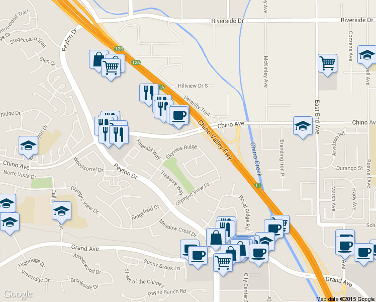 map of restaurants, bars, coffee shops, grocery stores, and more near 3185 Skyview Ridge in Chino Hills