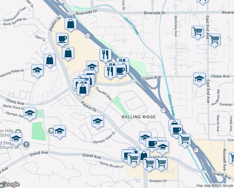 map of restaurants, bars, coffee shops, grocery stores, and more near 13350 Evening Song Place in Chino Hills