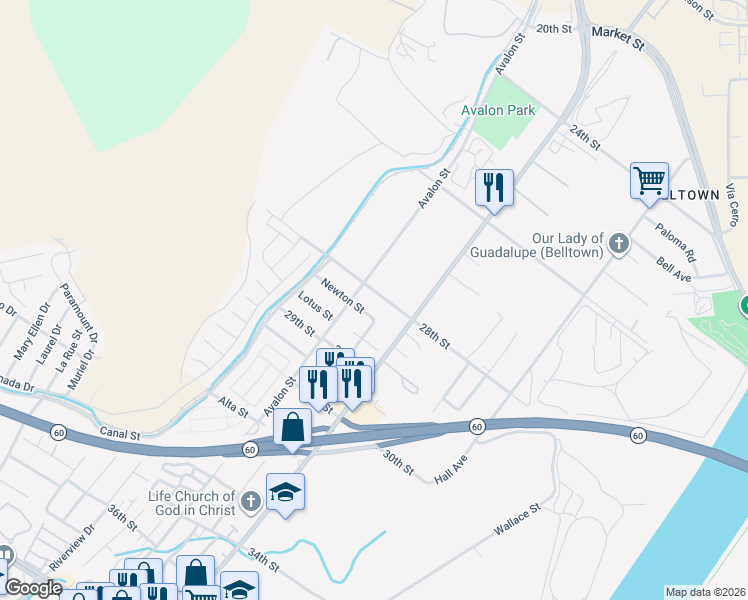 map of restaurants, bars, coffee shops, grocery stores, and more near 5648 28th Street in Riverside