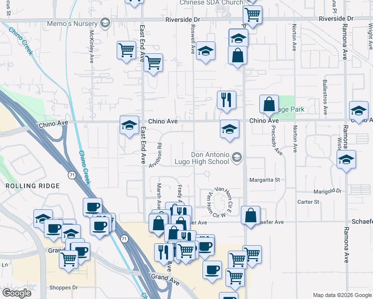 map of restaurants, bars, coffee shops, grocery stores, and more near 13412 Roswell Avenue in Chino