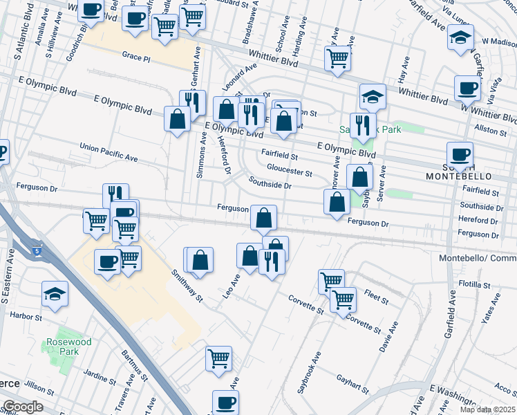 map of restaurants, bars, coffee shops, grocery stores, and more near 6047 Ferguson Drive in East Los Angeles