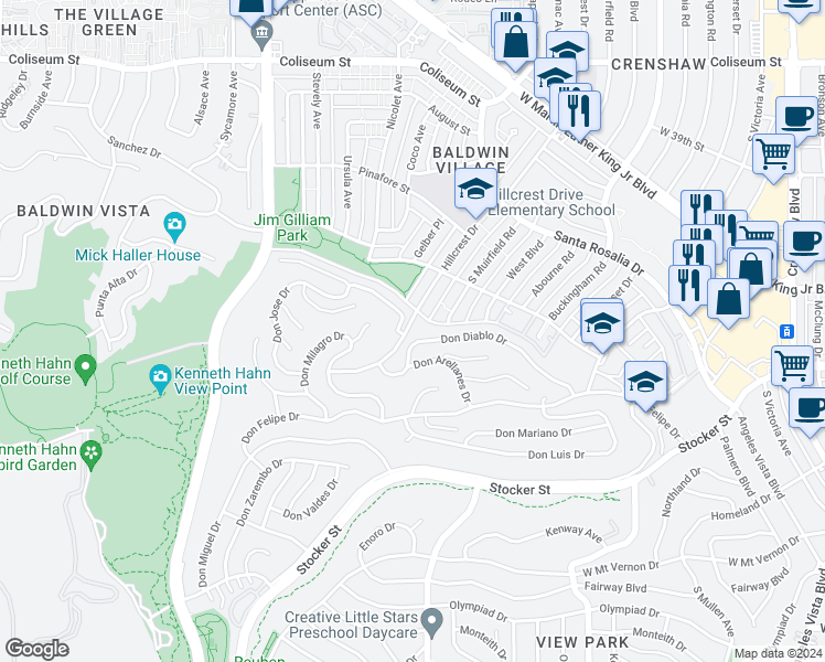 map of restaurants, bars, coffee shops, grocery stores, and more near 4160 Hillcrest Drive in Los Angeles