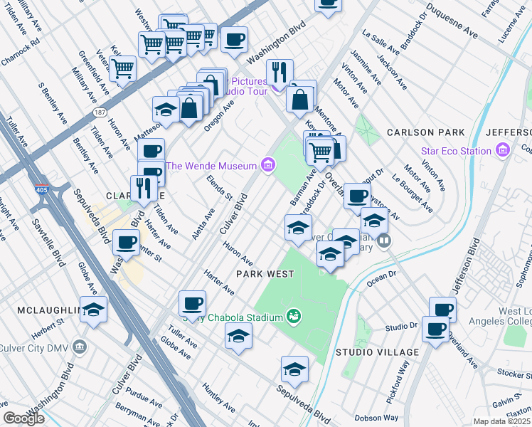 map of restaurants, bars, coffee shops, grocery stores, and more near 10859 Lindblade Street in Culver City
