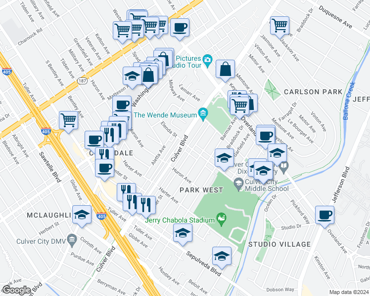 map of restaurants, bars, coffee shops, grocery stores, and more near 10900 Culver Boulevard in Culver City