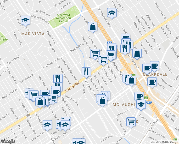 map of restaurants, bars, coffee shops, grocery stores, and more near in Los Angeles