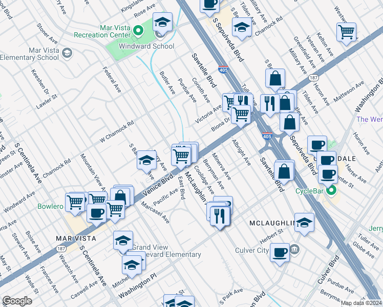 map of restaurants, bars, coffee shops, grocery stores, and more near in Los Angeles