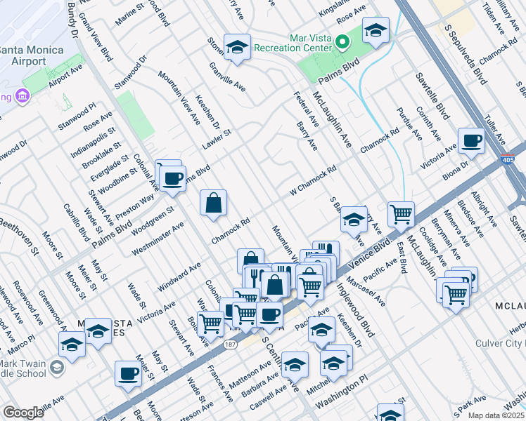 map of restaurants, bars, coffee shops, grocery stores, and more near 3616 Mountain View Avenue in Los Angeles