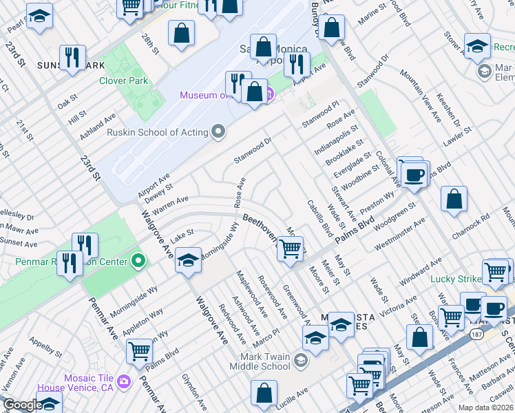 map of restaurants, bars, coffee shops, grocery stores, and more near 3321 Moore Street in Los Angeles