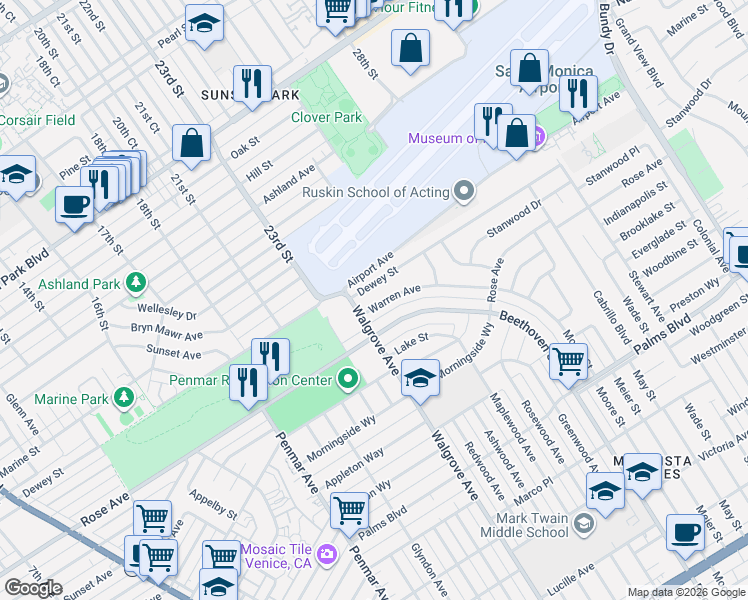 map of restaurants, bars, coffee shops, grocery stores, and more near 13237 Warren Avenue in Los Angeles