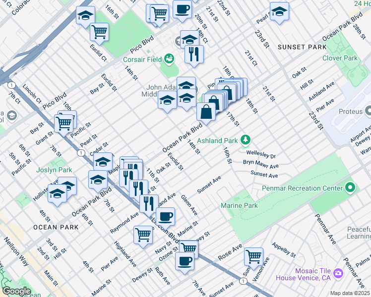 map of restaurants, bars, coffee shops, grocery stores, and more near 1345 Oak Street in Santa Monica