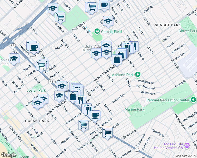 map of restaurants, bars, coffee shops, grocery stores, and more near 1302 Ocean Park Boulevard in Santa Monica