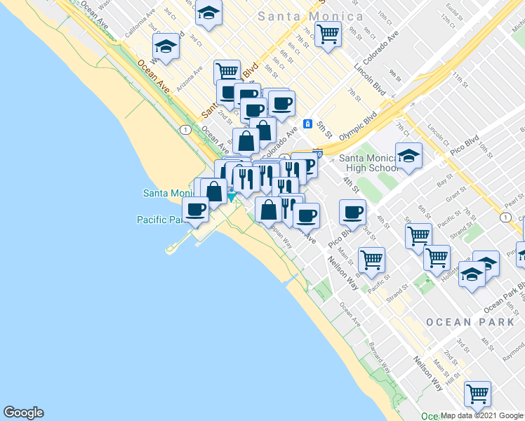map of restaurants, bars, coffee shops, grocery stores, and more near 1667 Appian Way in Santa Monica