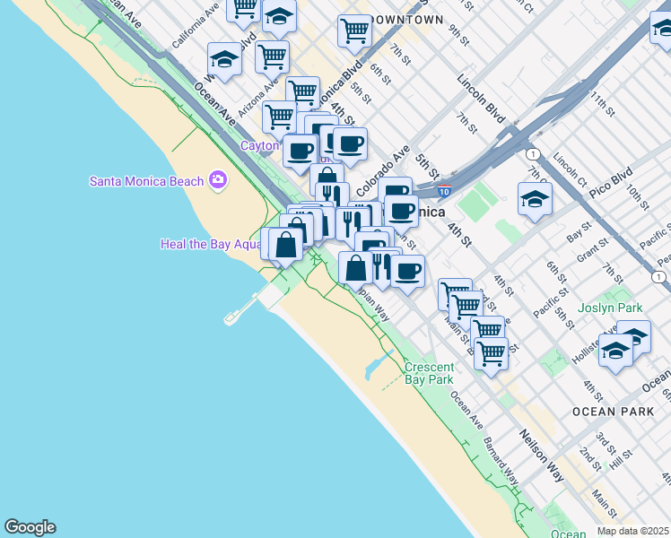 map of restaurants, bars, coffee shops, grocery stores, and more near 1667 Appian Way in Santa Monica
