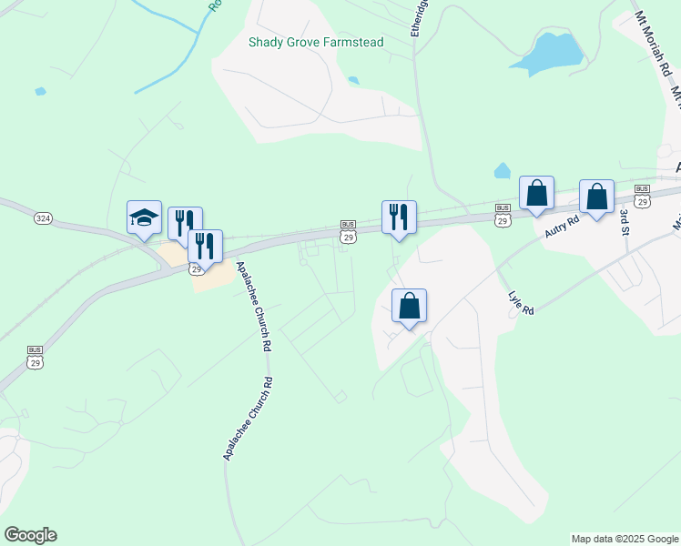 map of restaurants, bars, coffee shops, grocery stores, and more near 124 Auburn Run Lane in Auburn