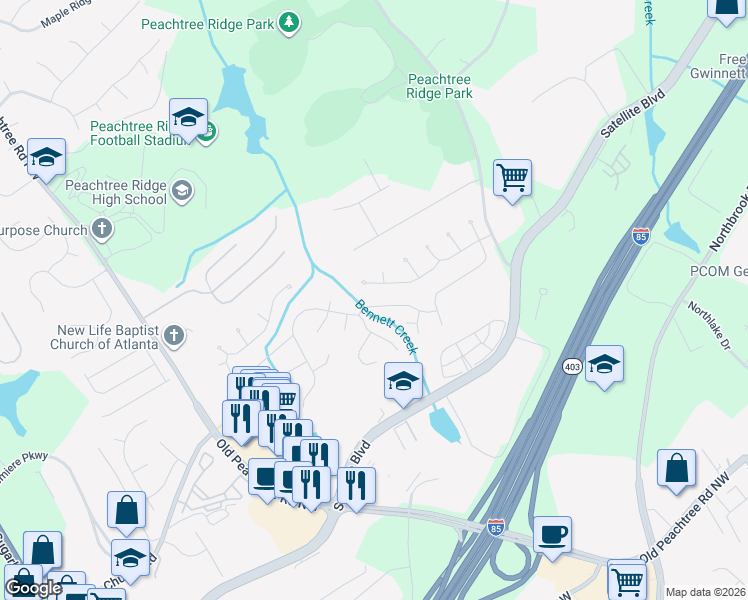 map of restaurants, bars, coffee shops, grocery stores, and more near 1505 Oglethorpe Run Lane in Suwanee