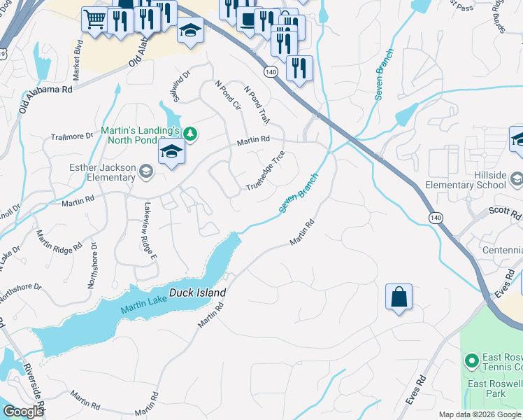 map of restaurants, bars, coffee shops, grocery stores, and more near 175 Floss Flower Court in Roswell
