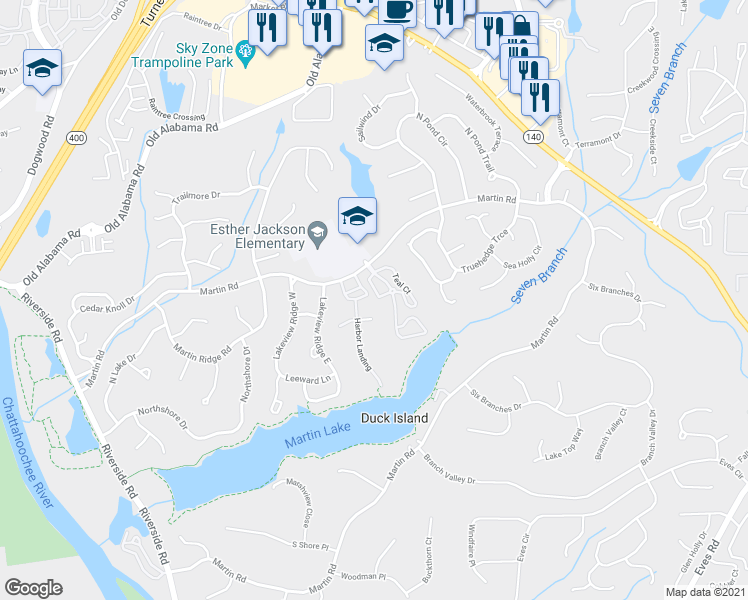 map of restaurants, bars, coffee shops, grocery stores, and more near 127 Teal Court in Roswell