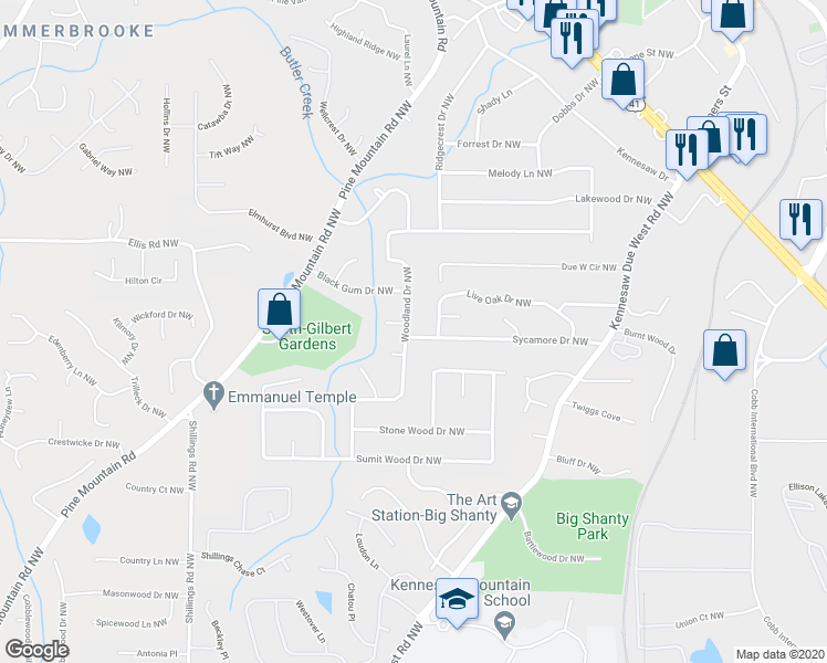 map of restaurants, bars, coffee shops, grocery stores, and more near 4015 Woodland Drive Northwest in Kennesaw