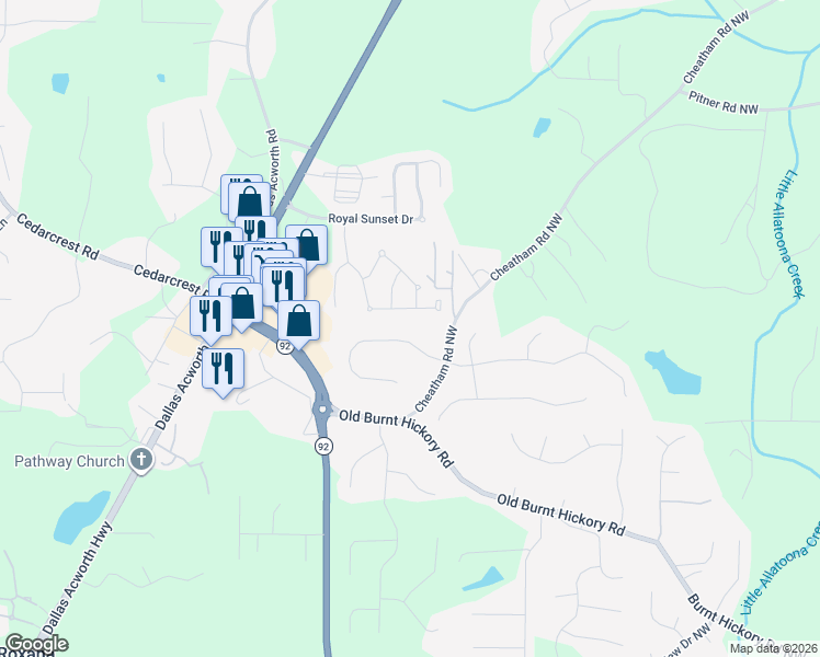 map of restaurants, bars, coffee shops, grocery stores, and more near 94 Saybrooke Crossing in Acworth