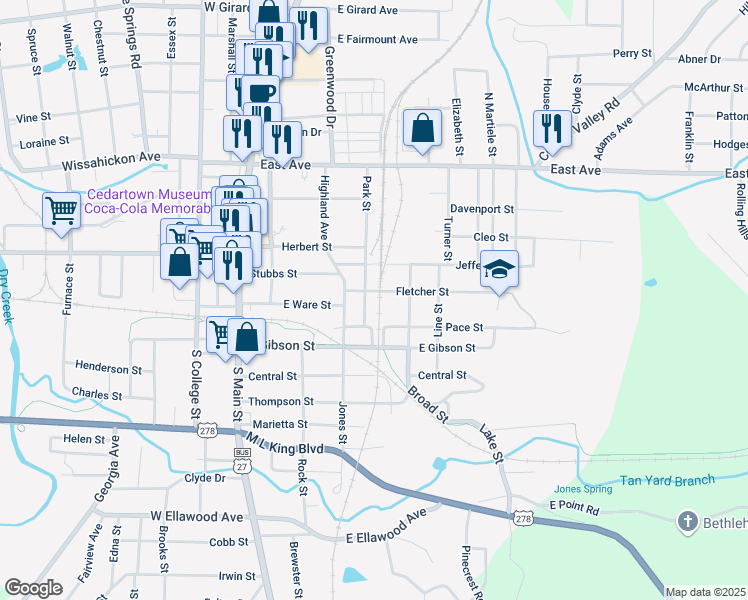 map of restaurants, bars, coffee shops, grocery stores, and more near 403 Park Street in Cedartown