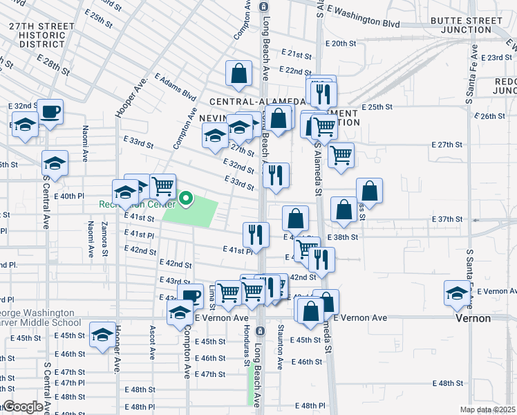 map of restaurants, bars, coffee shops, grocery stores, and more near 4009 Long Beach Avenue in Vernon
