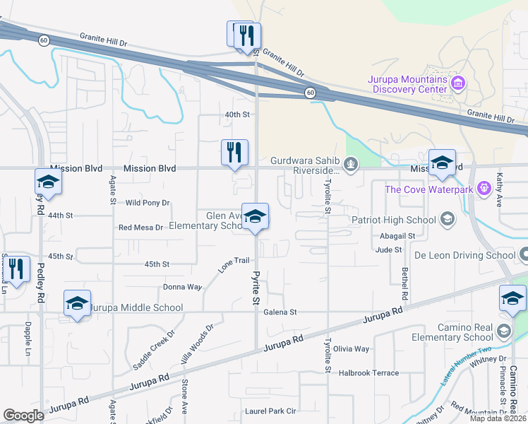 map of restaurants, bars, coffee shops, grocery stores, and more near 4318 Pyrite Street in Riverside