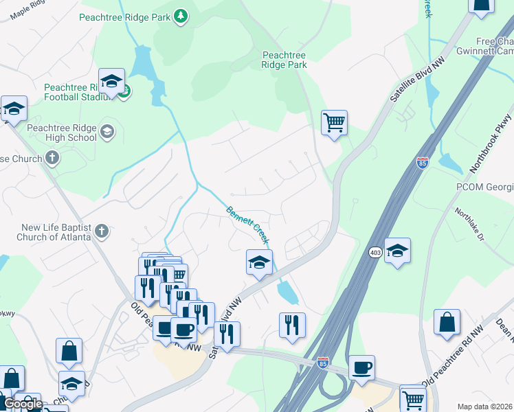 map of restaurants, bars, coffee shops, grocery stores, and more near 1455 Oglethorpe Run Lane in Suwanee