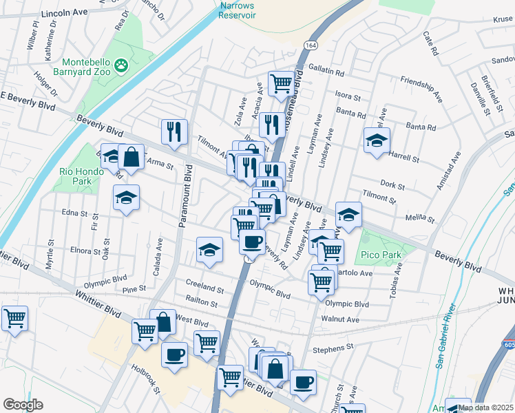 map of restaurants, bars, coffee shops, grocery stores, and more near 8970 Arma Street in Pico Rivera
