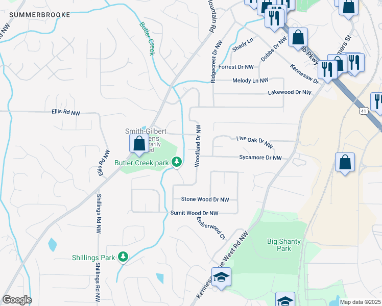 map of restaurants, bars, coffee shops, grocery stores, and more near 6010 White Oak Court Northwest in Kennesaw