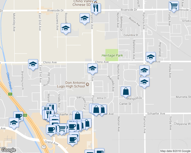 map of restaurants, bars, coffee shops, grocery stores, and more near 4115 Bernardo Court in Chino
