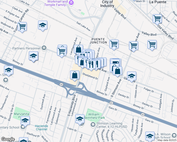 map of restaurants, bars, coffee shops, grocery stores, and more near 15844 Gale Avenue in Hacienda Heights