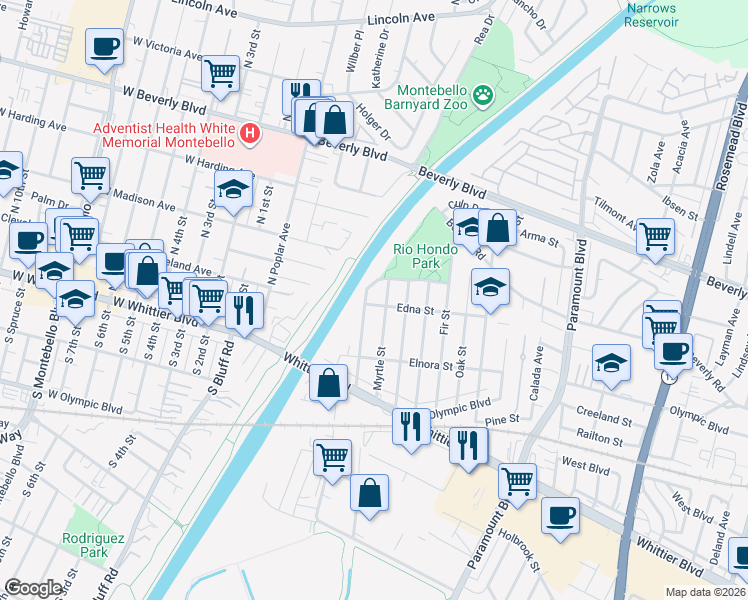 map of restaurants, bars, coffee shops, grocery stores, and more near 8235 Edna Street in Pico Rivera
