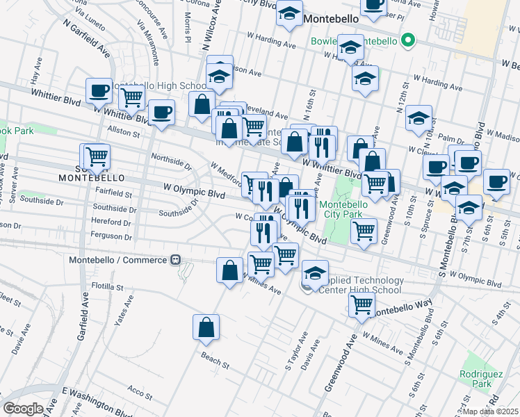 map of restaurants, bars, coffee shops, grocery stores, and more near 1703 West Olympic Boulevard in Montebello