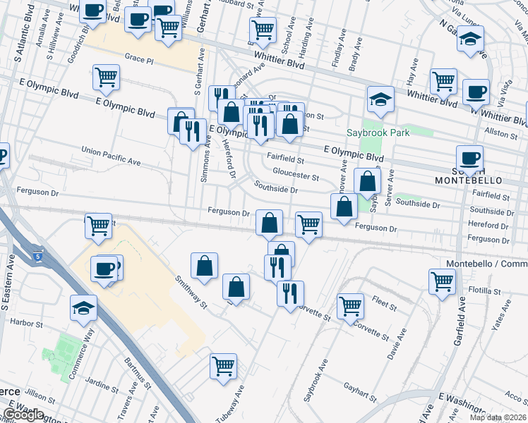 map of restaurants, bars, coffee shops, grocery stores, and more near 6047 Ferguson Drive in East Los Angeles