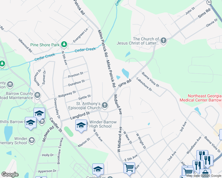 map of restaurants, bars, coffee shops, grocery stores, and more near 137 Sims Road in Winder